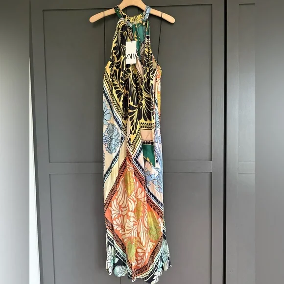 ZARA NWT Multicolor Halter Maxi Dress • L - Picture 1 of 11